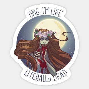 Halloween zimbie bride sitting on a grave stone in the moonlit forest over the graveyard. Sticker